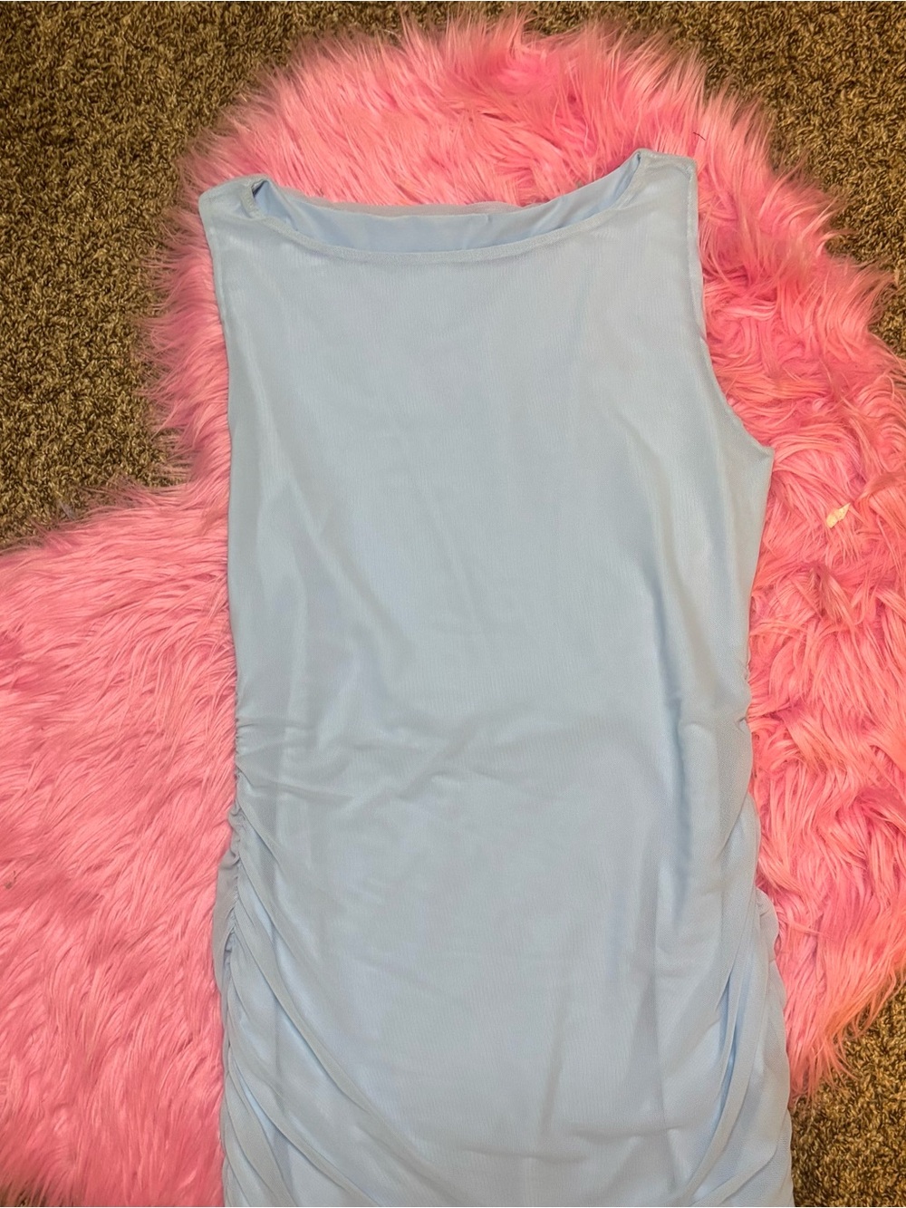 Women’s Large Light Blue Mesh Ruched Bodycon Mini Dress Ruffle Hem Y2K Party